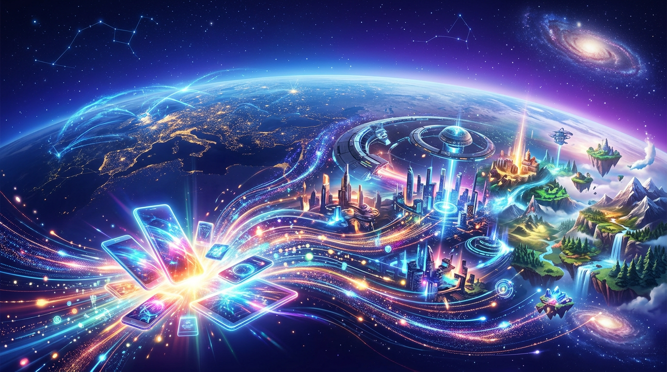 移动游戏与科技城市天际线的概念配图